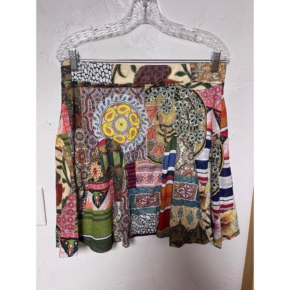 Desigual Patchwork Mini Skirt Multi Color Boho Mixed Print Elastic Waist XL